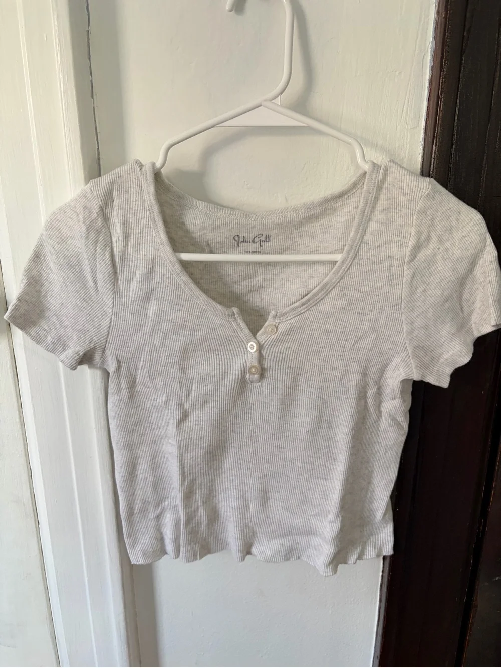 Brandy Melville Heather Light Gray Ribbed Henley Crop Top